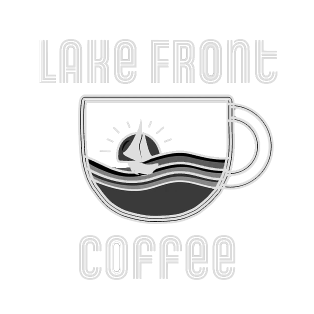 Stylized logo for Lake Front Coffee featuring a coffee mug with a sailboat and sun inside, with the words "Lake Front Coffee" above and below.