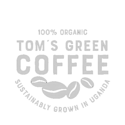 Logo with white text on black background that reads '100% Organic Tom's Green Coffee, sustainably grown in Uganda' with a graphic of coffee beans.